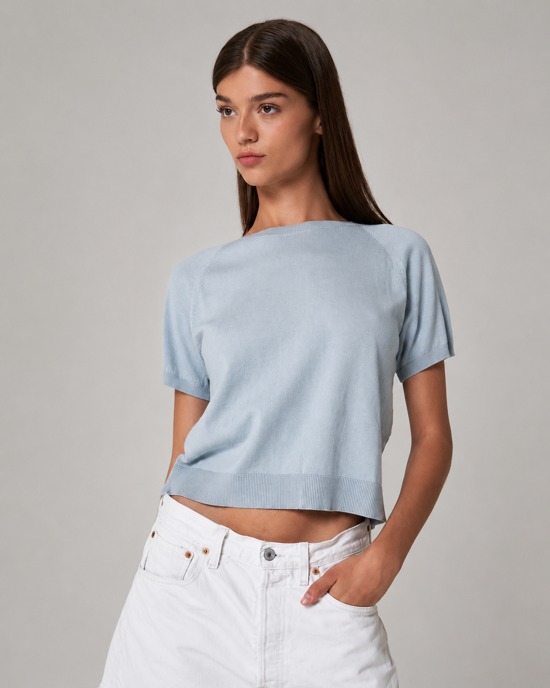 Strikket T-Shirt i Bomull og Kasjmir